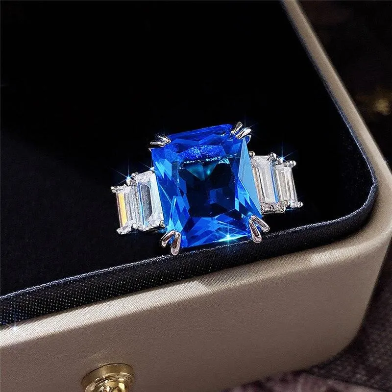 Excellent New Arrival Luxury Blue Yellow Color Rectangle AAA  CZ Diamonds Fashion Rings