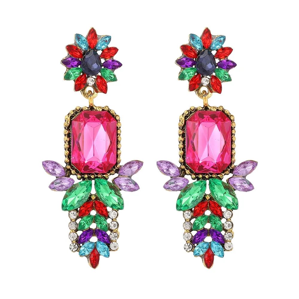 Fashion Flower Boho Colorful Crystal Geometric Big Dangle Earrings For Women