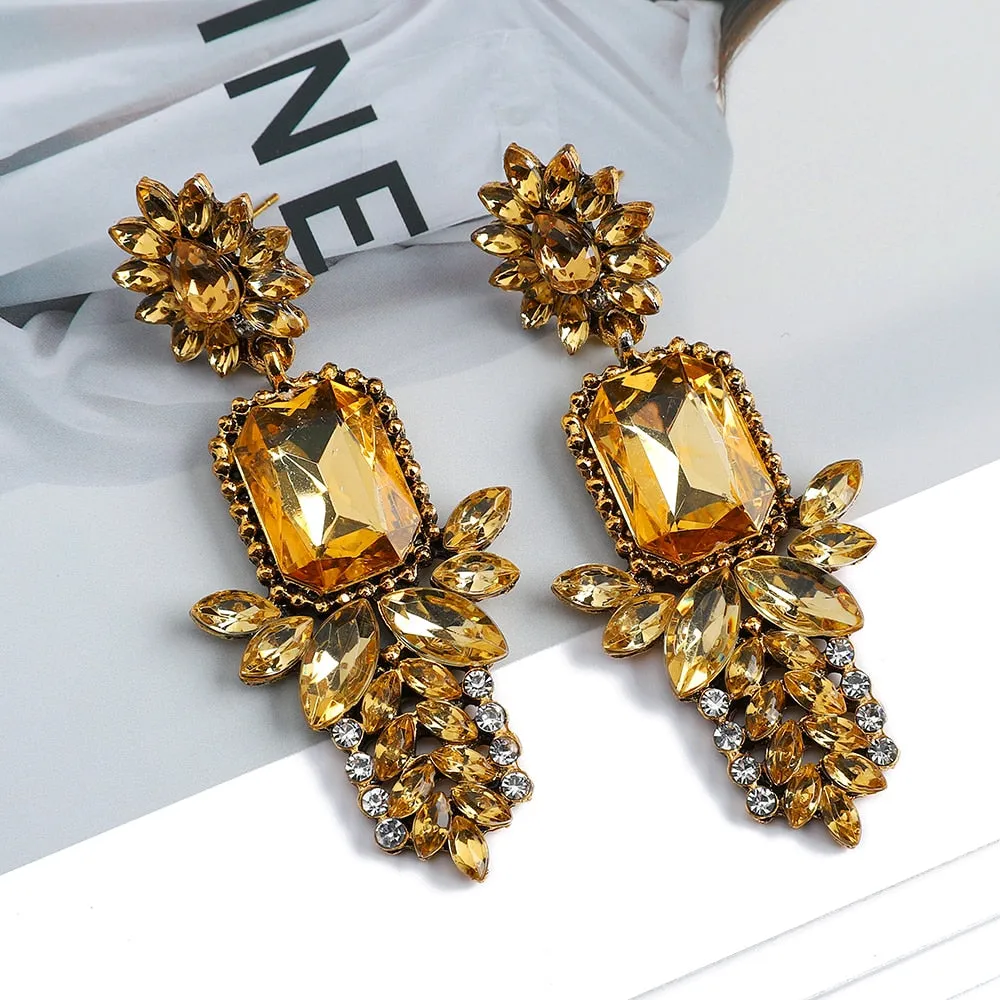 Fashion Flower Boho Colorful Crystal Geometric Big Dangle Earrings For Women