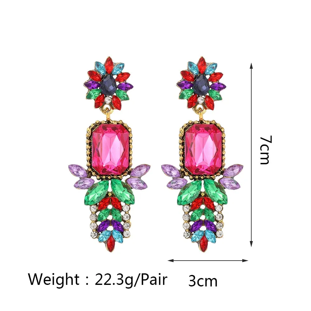 Fashion Flower Boho Colorful Crystal Geometric Big Dangle Earrings For Women