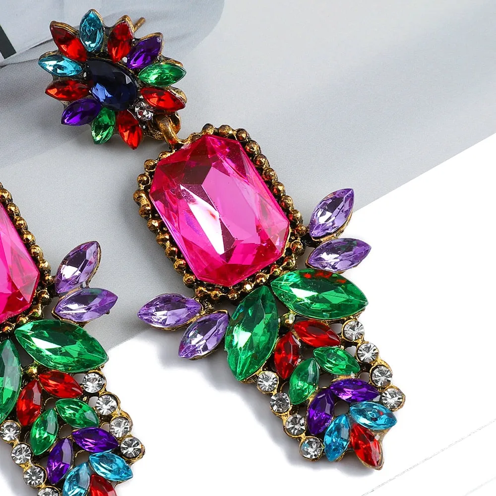 Fashion Flower Boho Colorful Crystal Geometric Big Dangle Earrings For Women
