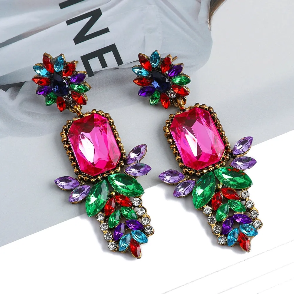Fashion Flower Boho Colorful Crystal Geometric Big Dangle Earrings For Women