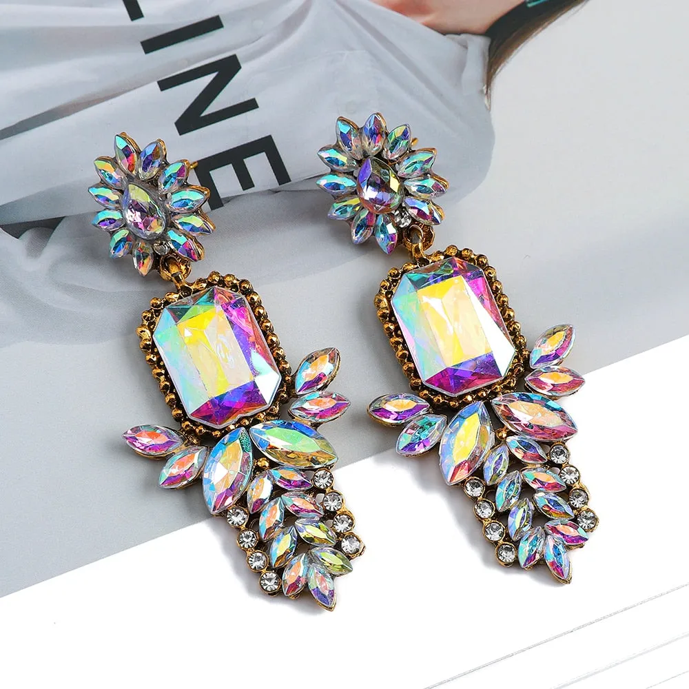 Fashion Flower Boho Colorful Crystal Geometric Big Dangle Earrings For Women