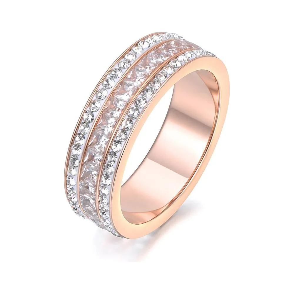 Fashion Jewelry Rose Gold Color 3 Rows Ring With AAA Zircon Stainless Steel Ring 6mm Width R18132