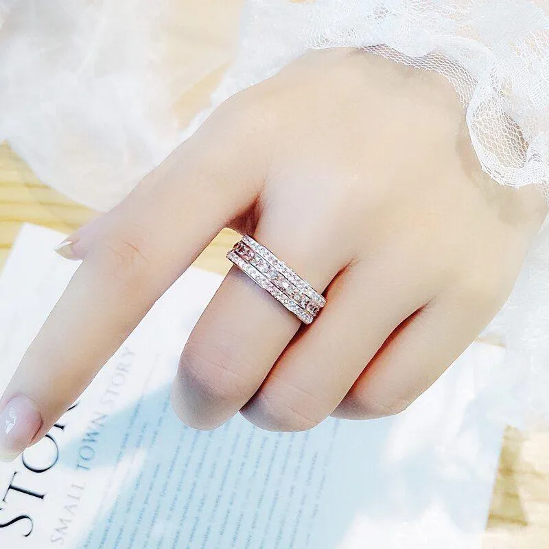Fashion Jewelry Rose Gold Color 3 Rows Ring With AAA Zircon Stainless Steel Ring 6mm Width R18132