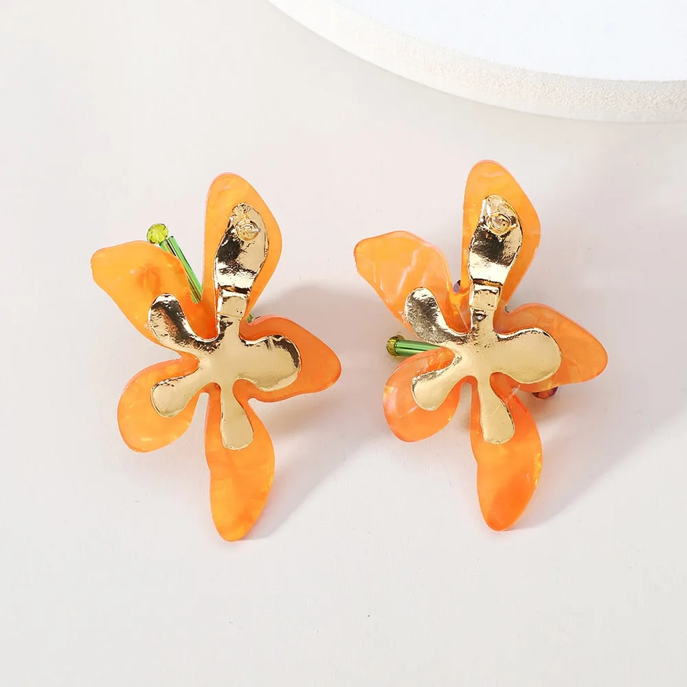 Fashion Korean Acrylic Resin Flower Bridal Big Stud Earrings For Women