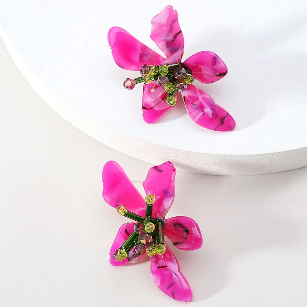 Fashion Korean Acrylic Resin Flower Bridal Big Stud Earrings For Women