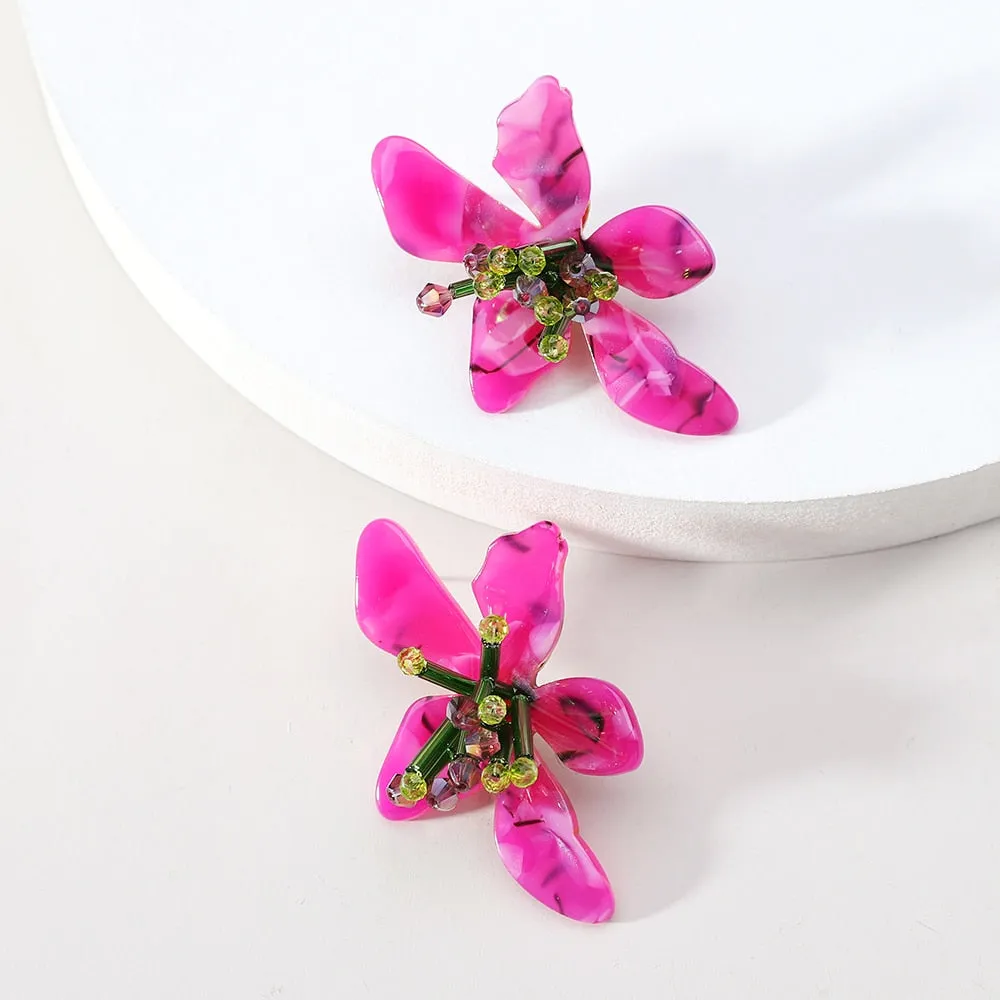 Fashion Korean Acrylic Resin Flower Bridal Big Stud Earrings For Women