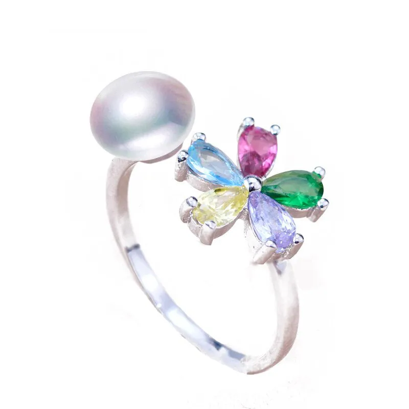 Fashion Pearl Ring Colorful Flower Natural Freshwater Pearl Rings