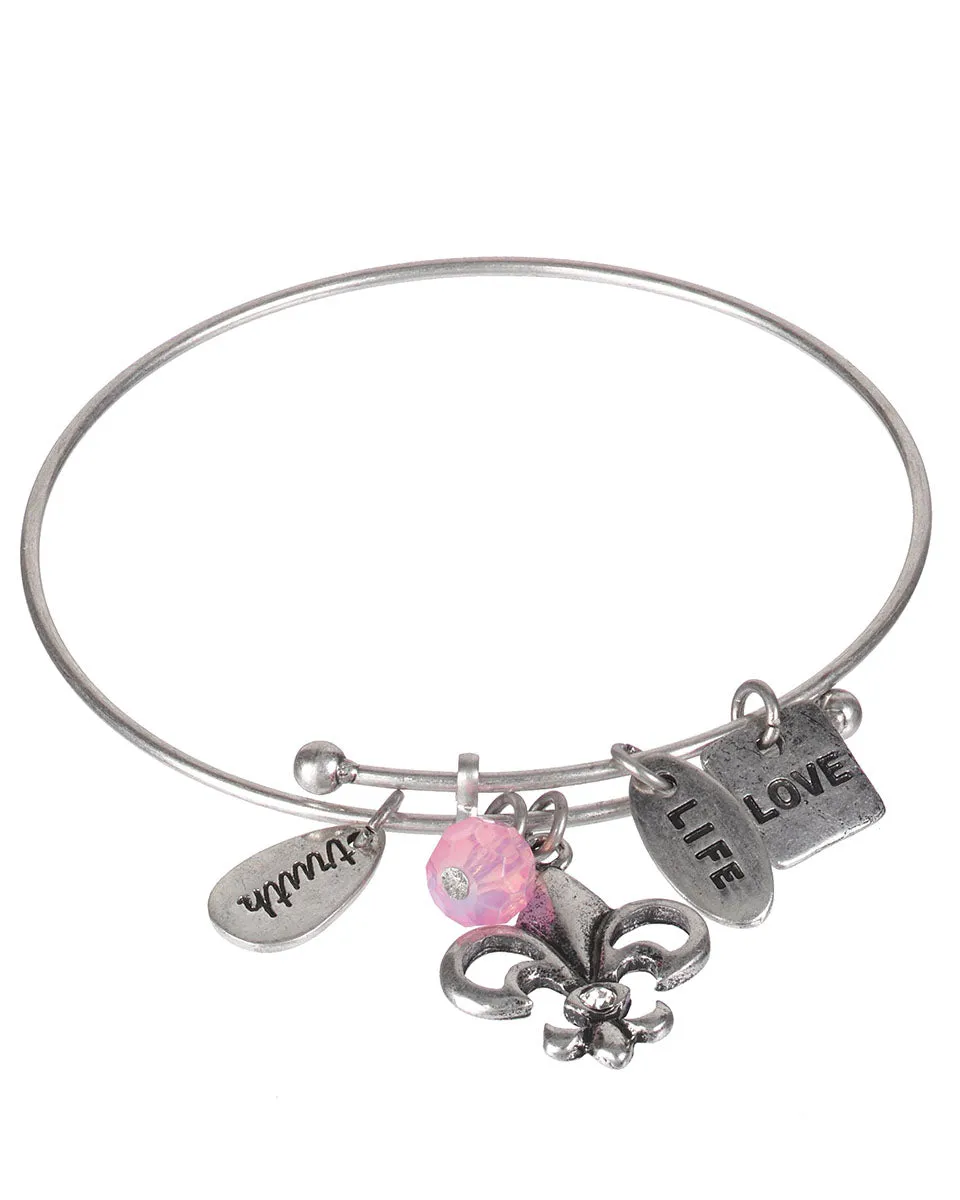 Fleur De Li Love Life Positive Antique Adjustable Bangle Bracelet Made with Love by Jewelry Nexus