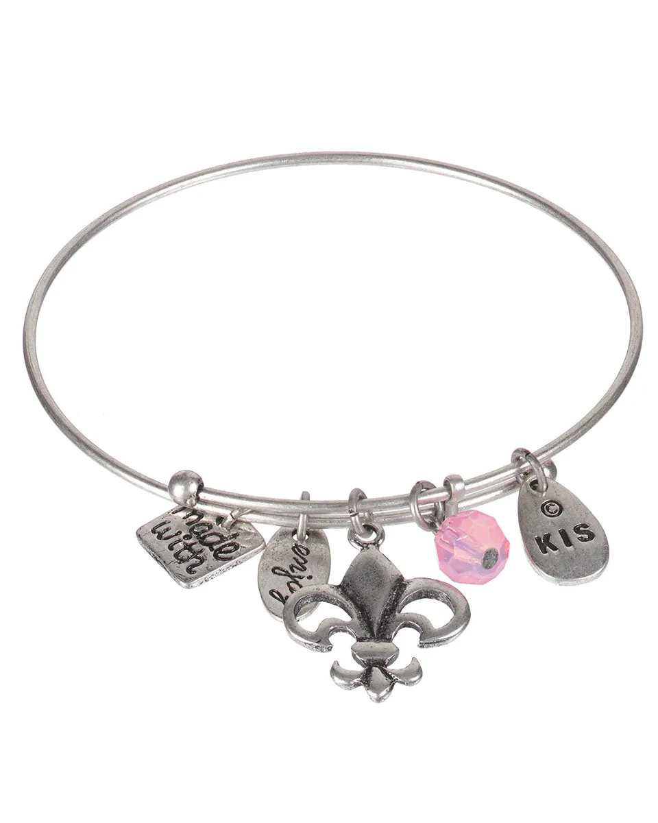 Fleur De Li Love Life Positive Antique Adjustable Bangle Bracelet Made with Love by Jewelry Nexus