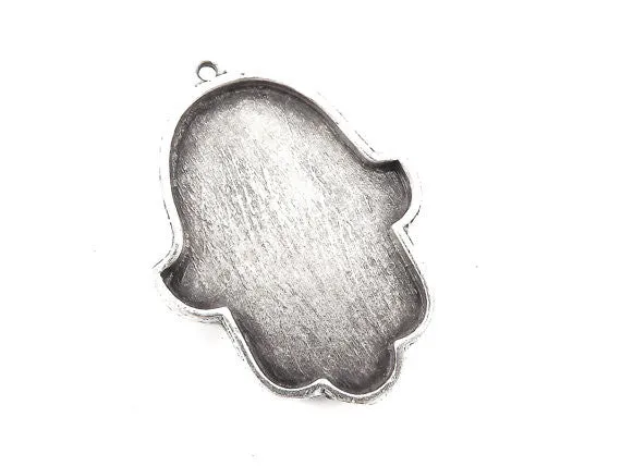 Floral Hamsa Hand of Fatima Pendant Tray Cabochon Setting - Flat Edge - Matte Anitque Silver Plated