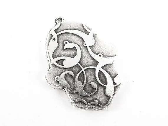 Floral Hamsa Hand of Fatima Pendant Tray Cabochon Setting - Flat Edge - Matte Anitque Silver Plated