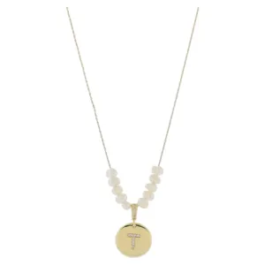 Freshwater Pearl and Crystal Loop with "T" Initial Gold Necklace