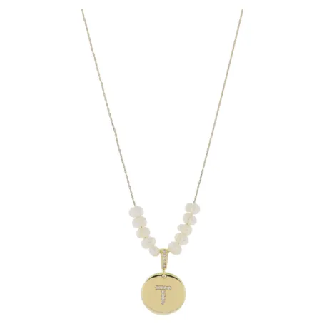 Freshwater Pearl and Crystal Loop with "T" Initial Gold Necklace