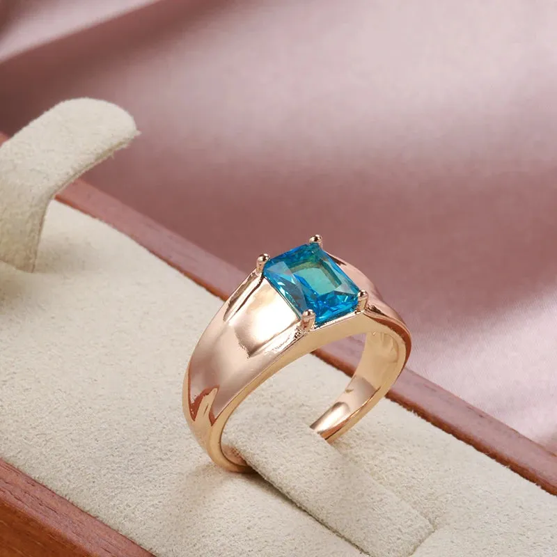 Glossy 14K Filled Rose Gold Simple Square Blue AAA Cubic Zirconia Crystal Unisex Ring - High Quality Fine Jewelry