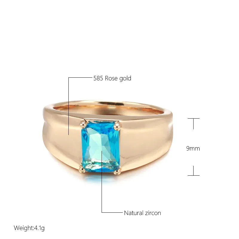 Glossy 14K Filled Rose Gold Simple Square Blue AAA Cubic Zirconia Crystal Unisex Ring - High Quality Fine Jewelry