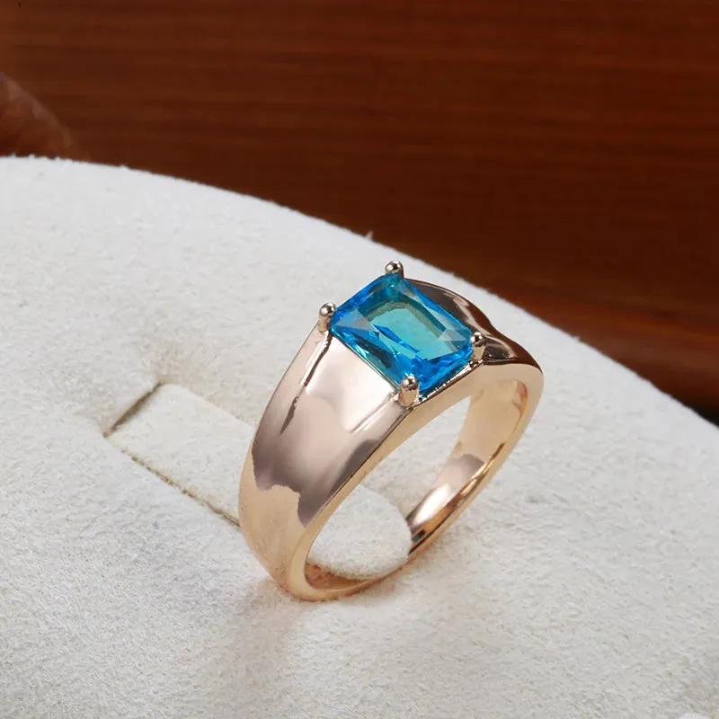 Glossy 14K Filled Rose Gold Simple Square Blue AAA Cubic Zirconia Crystal Unisex Ring - High Quality Fine Jewelry
