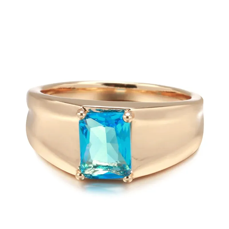 Glossy 14K Filled Rose Gold Simple Square Blue AAA Cubic Zirconia Crystal Unisex Ring - High Quality Fine Jewelry
