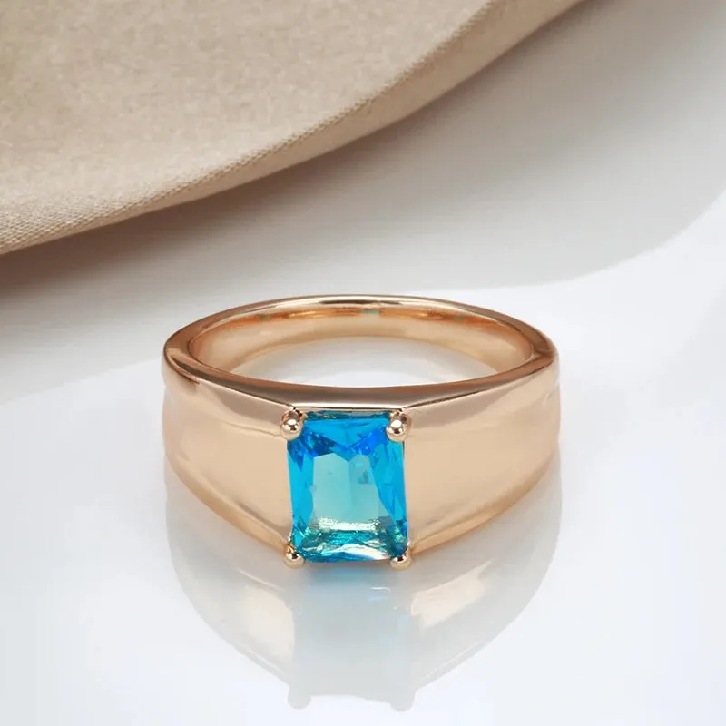 Glossy 14K Filled Rose Gold Simple Square Blue AAA Cubic Zirconia Crystal Unisex Ring - High Quality Fine Jewelry