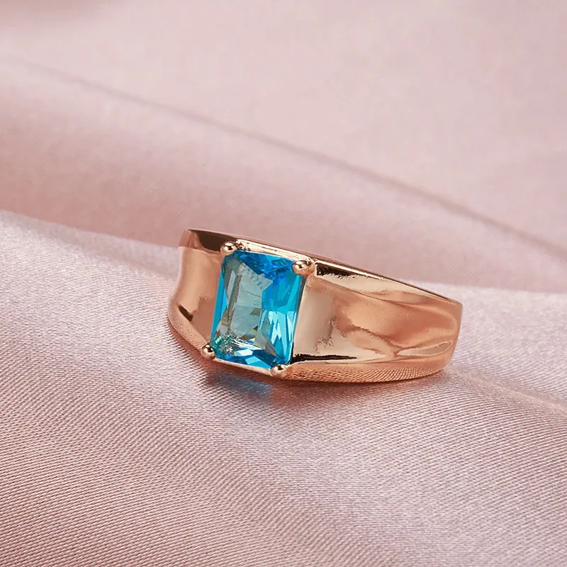 Glossy 14K Filled Rose Gold Simple Square Blue AAA Cubic Zirconia Crystal Unisex Ring - High Quality Fine Jewelry