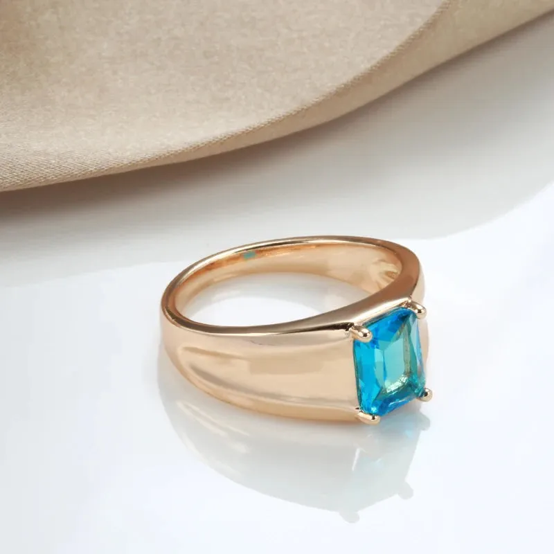 Glossy 14K Filled Rose Gold Simple Square Blue AAA Cubic Zirconia Crystal Unisex Ring - High Quality Fine Jewelry