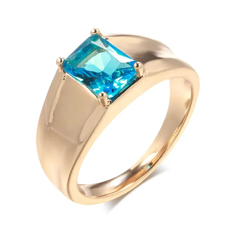 Glossy 14K Filled Rose Gold Simple Square Blue AAA Cubic Zirconia Crystal Unisex Ring - High Quality Fine Jewelry