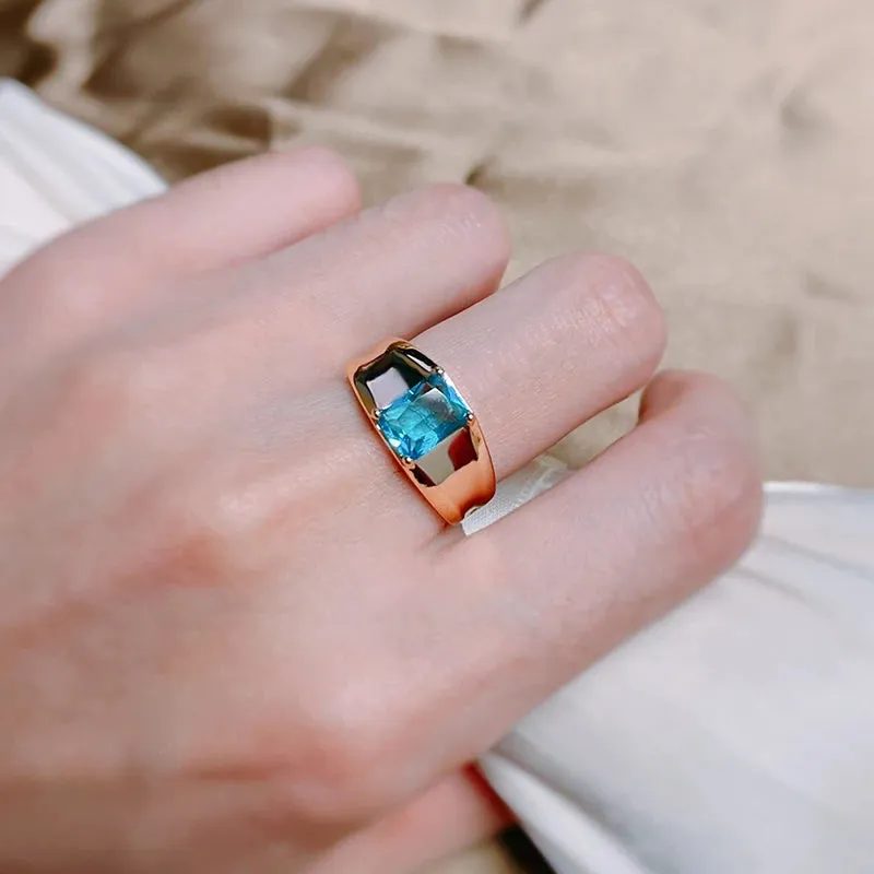 Glossy 14K Filled Rose Gold Simple Square Blue AAA Cubic Zirconia Crystal Unisex Ring - High Quality Fine Jewelry
