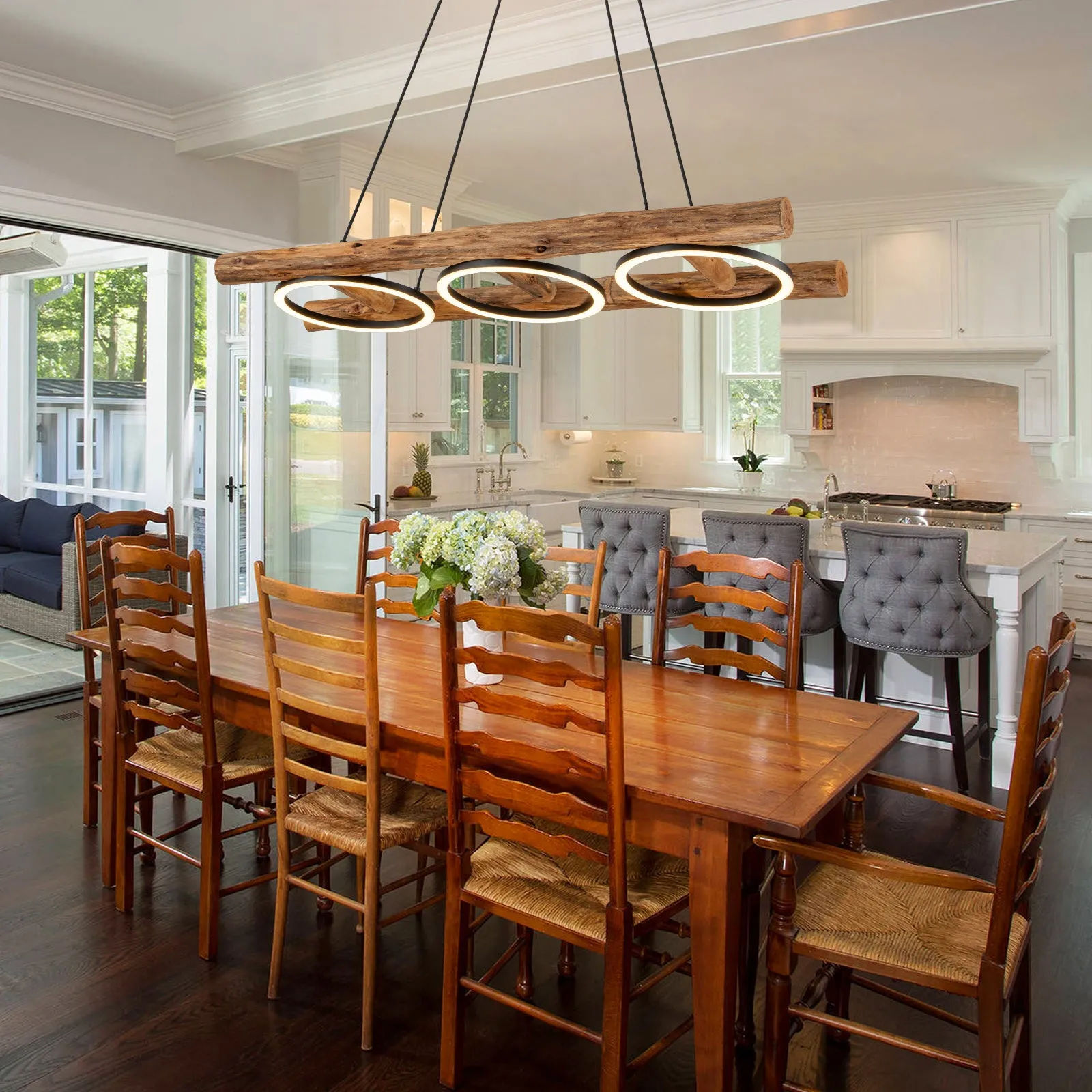 Glowlings 3-Light Vintage 43"Wide Rectangular LED Linear Wooden Pendant Light Island Light