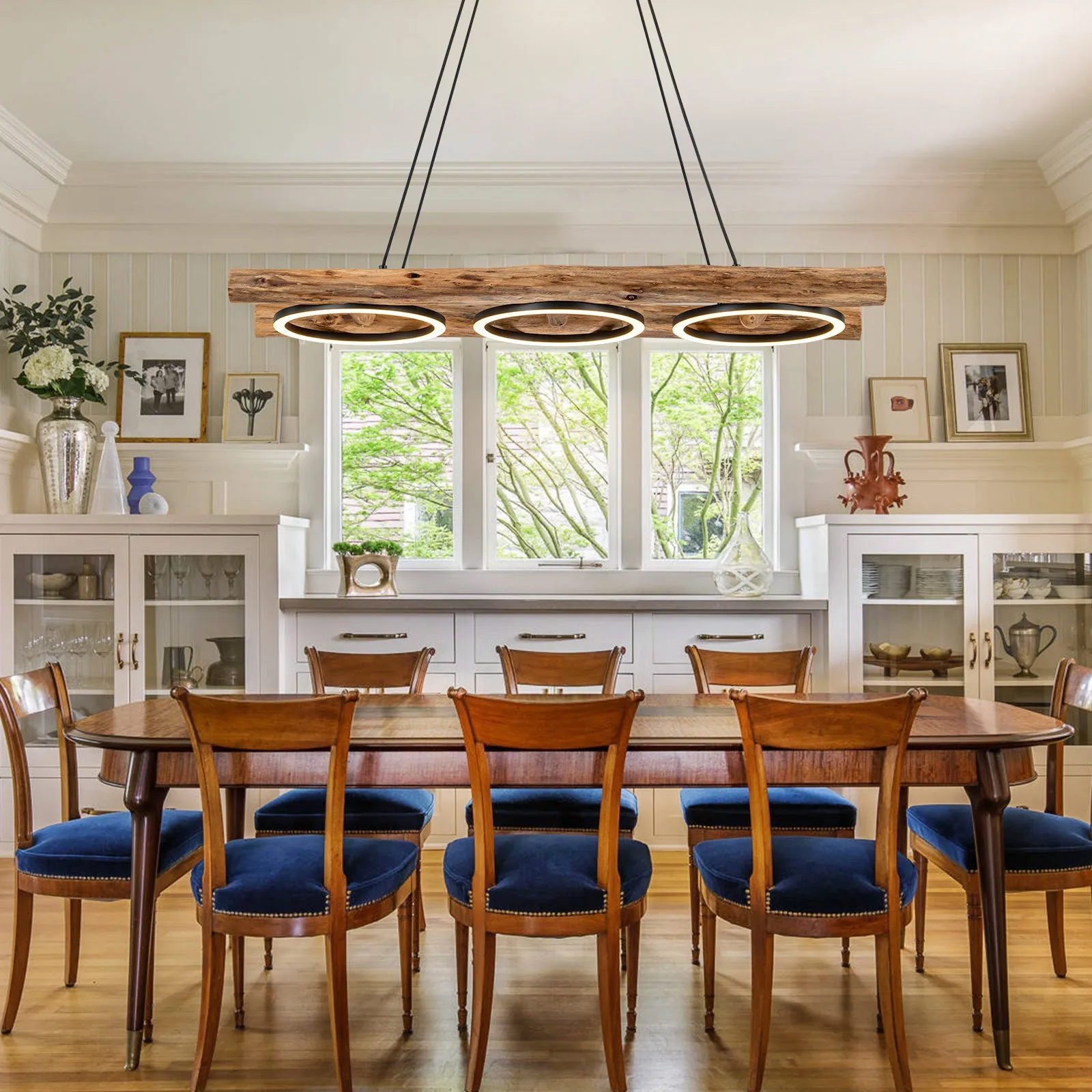 Glowlings 3-Light Vintage 43"Wide Rectangular LED Linear Wooden Pendant Light Island Light