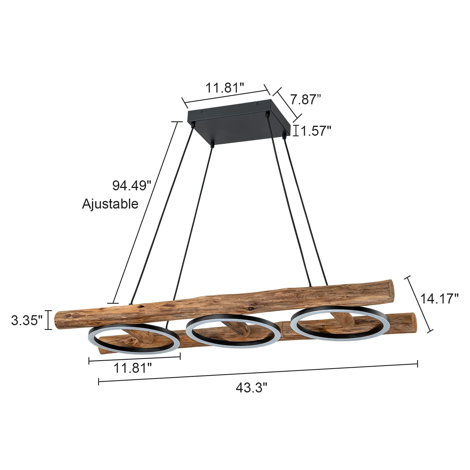 Glowlings 3-Light Vintage 43"Wide Rectangular LED Linear Wooden Pendant Light Island Light