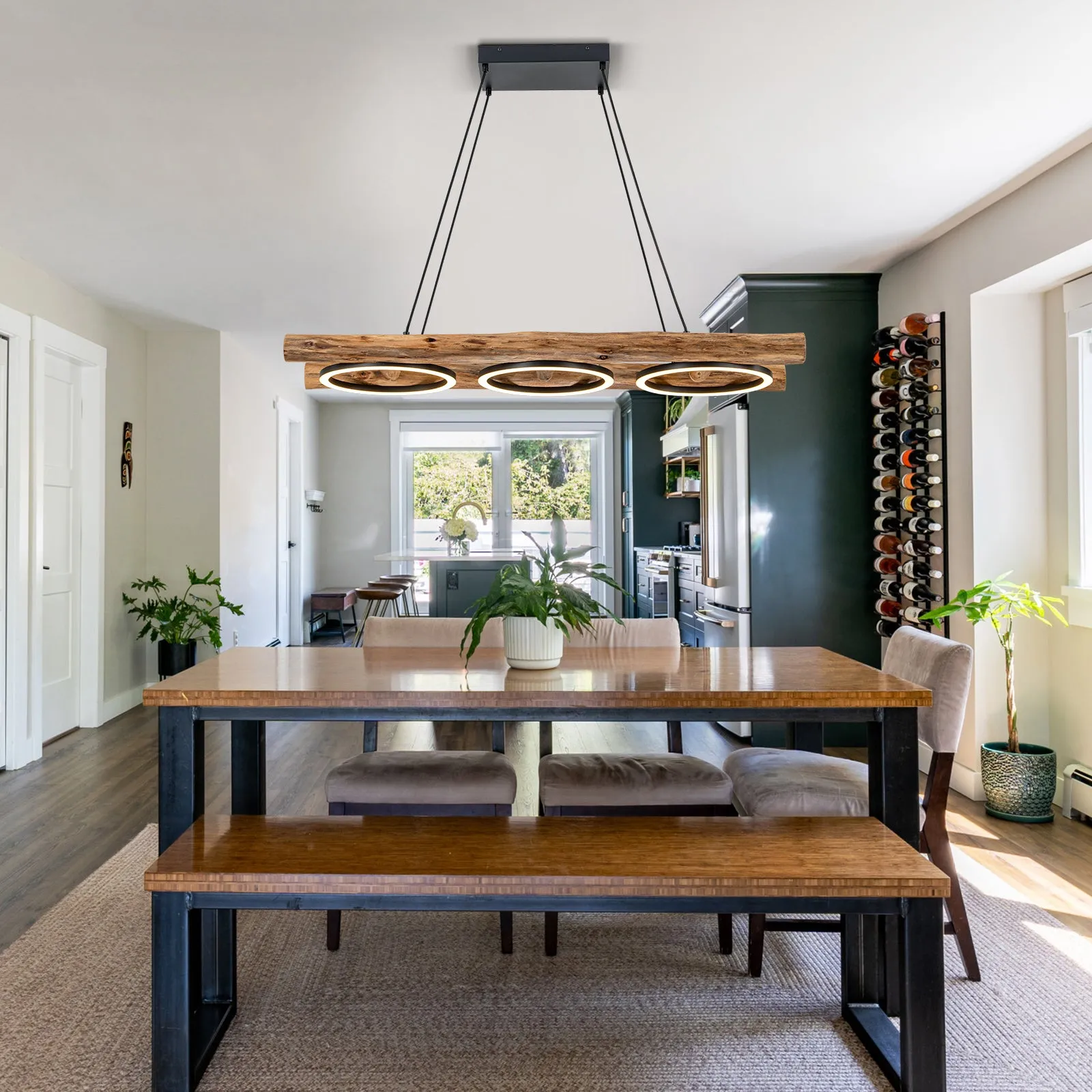 Glowlings 3-Light Vintage 43"Wide Rectangular LED Linear Wooden Pendant Light Island Light