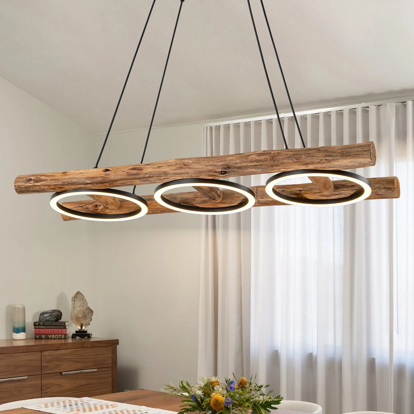 Glowlings 3-Light Vintage 43"Wide Rectangular LED Linear Wooden Pendant Light Island Light