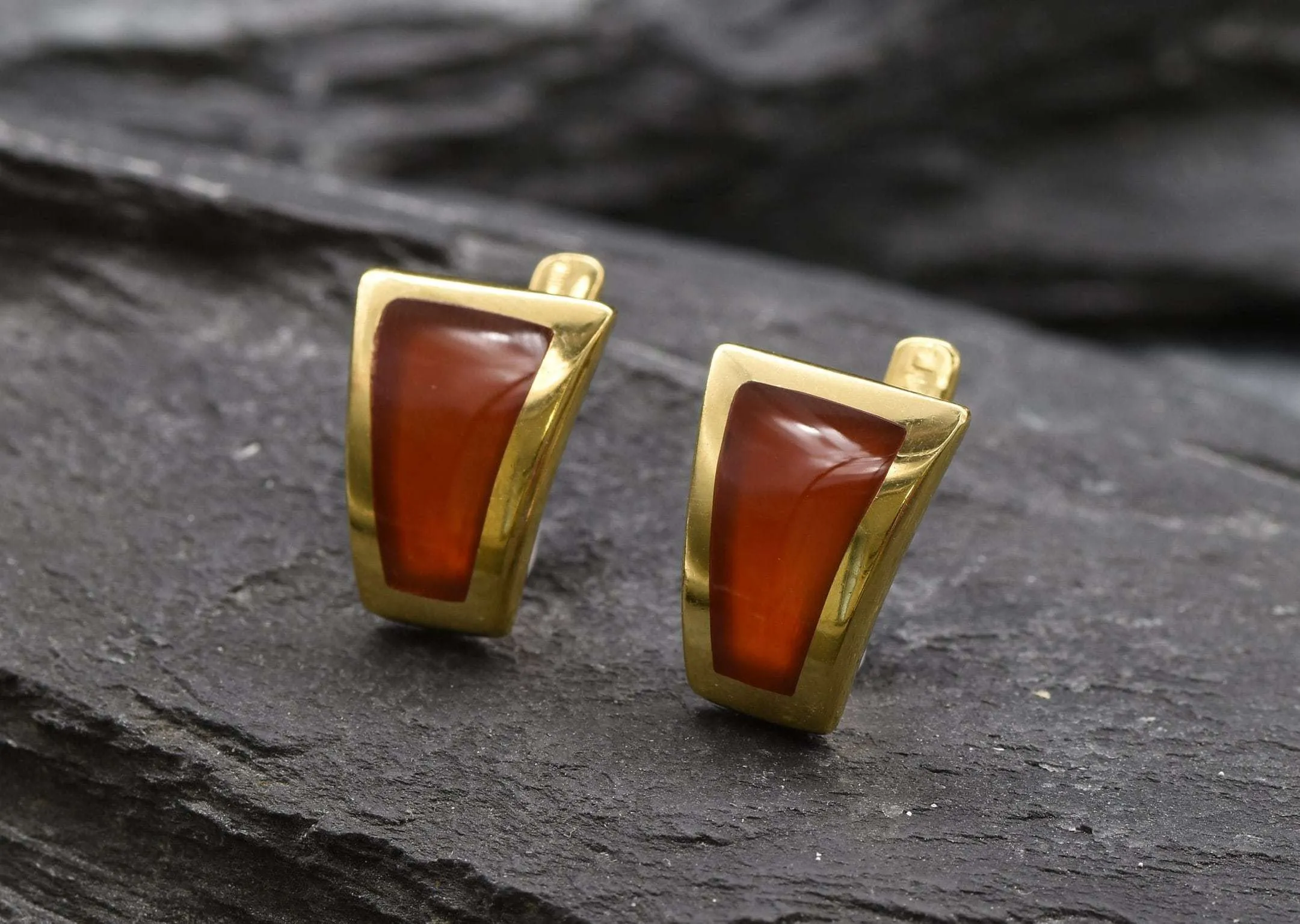 Gold Carnelian Earrings - Natural Carnelian Earrings, Gold Red Earrings