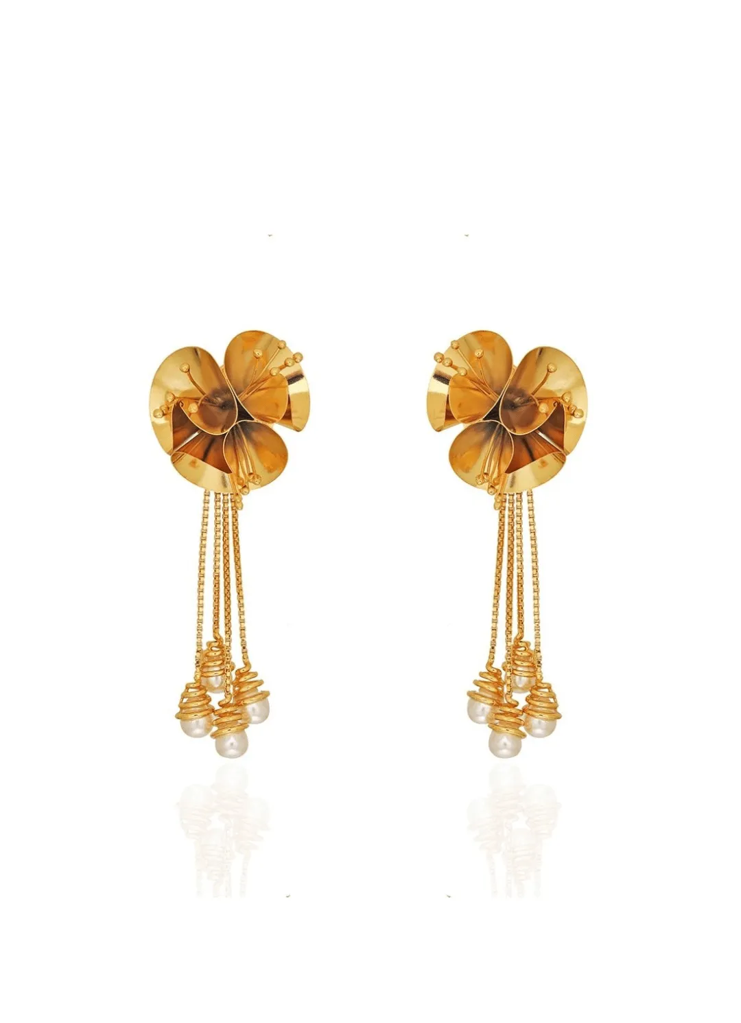 Gold Plated Floral Pearl Drop Earrings