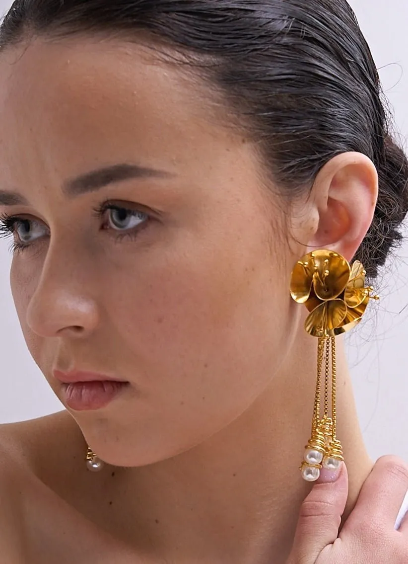 Gold Plated Floral Pearl Drop Earrings