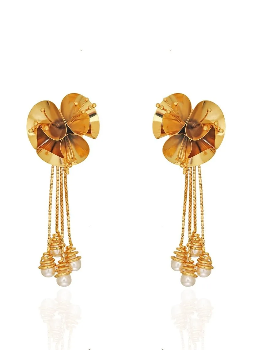Gold Plated Floral Pearl Drop Earrings