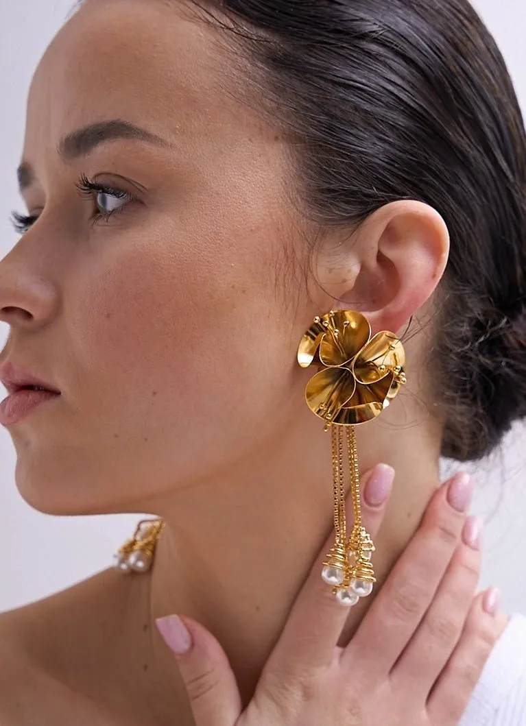 Gold Plated Floral Pearl Drop Earrings