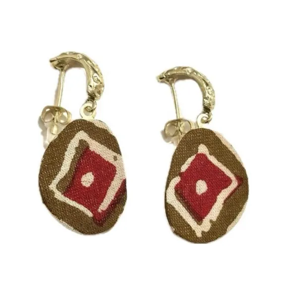 Half hoop Printed Red Fabric Dangle Gold Stud Earrings
