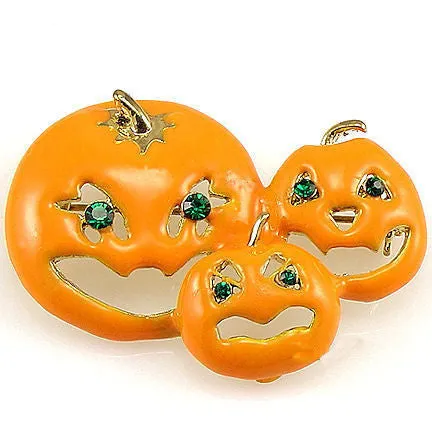 Halloween Brooch: Carved Pumpkins with Green Crystal Eyes