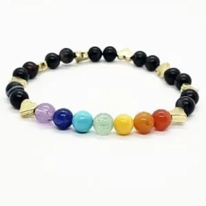 Handmade Chakra Beaded Stretch Bracelet with Gold Heart Spacers & Natural Gemstones