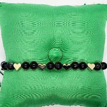 Handmade Chakra Beaded Stretch Bracelet with Gold Heart Spacers & Natural Gemstones