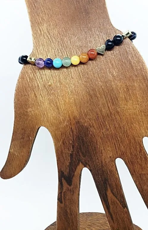 Handmade Chakra Beaded Stretch Bracelet with Gold Heart Spacers & Natural Gemstones