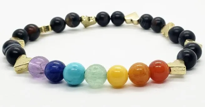 Handmade Chakra Beaded Stretch Bracelet with Gold Heart Spacers & Natural Gemstones