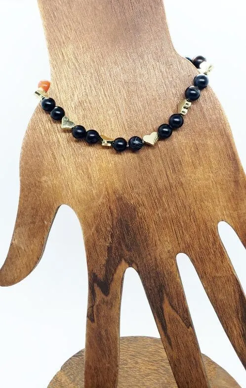 Handmade Chakra Beaded Stretch Bracelet with Gold Heart Spacers & Natural Gemstones