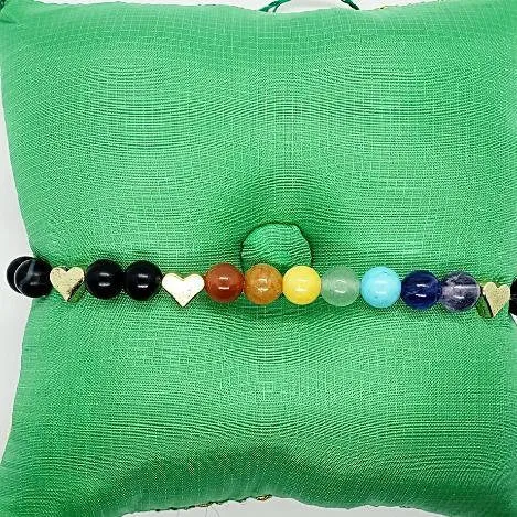 Handmade Chakra Beaded Stretch Bracelet with Gold Heart Spacers & Natural Gemstones