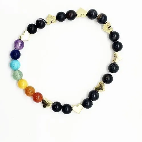 Handmade Chakra Beaded Stretch Bracelet with Gold Heart Spacers & Natural Gemstones