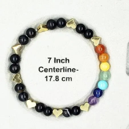 Handmade Chakra Beaded Stretch Bracelet with Gold Heart Spacers & Natural Gemstones
