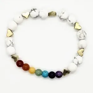 Handmade Chakra Stretch Bracelet with White Howlite & Gold Heart Spacers – Natural Gemstones✨ Handmade Chakra Stretch Bracelet with White Howlite & Gold Heart Spacers – Natural Gemstones✨