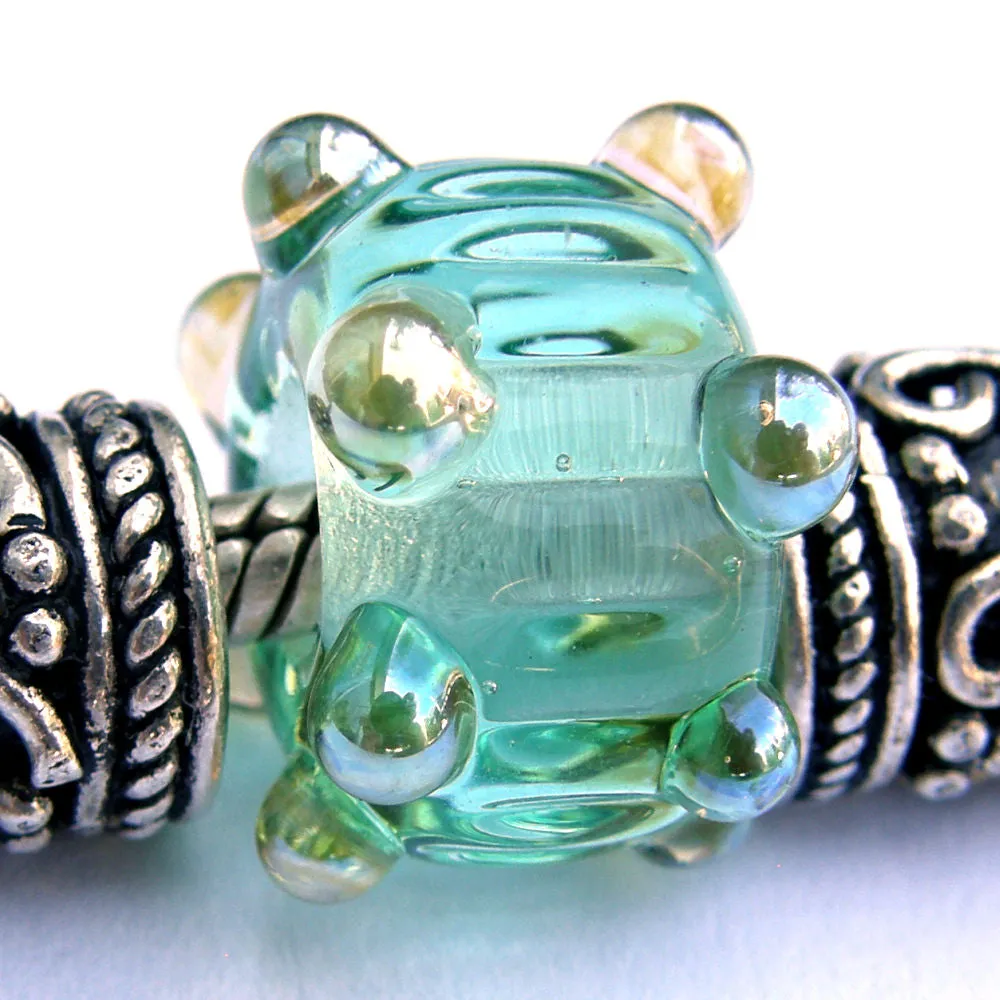 Handmade Large Hole Lampwork Beads, Glass Charm Emerald Green Ripples
